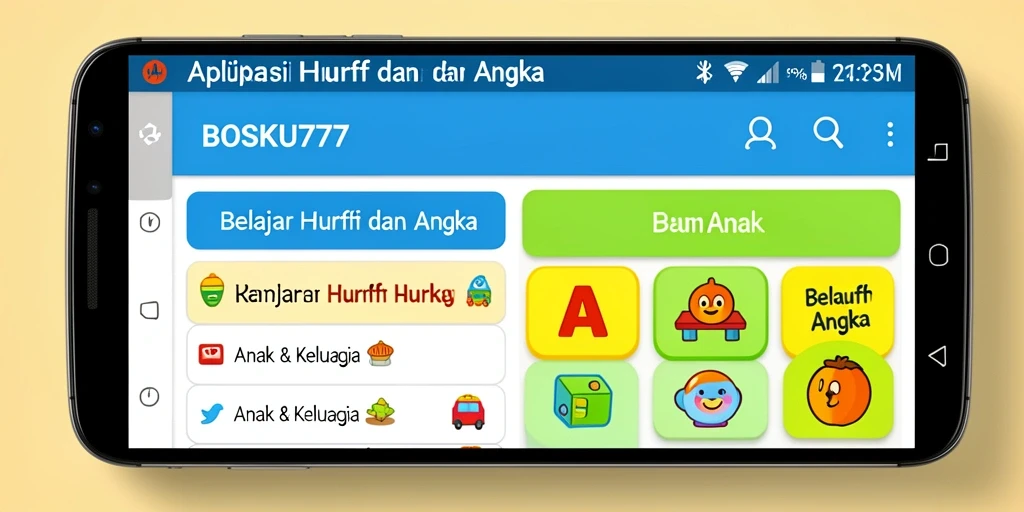 Tampilan antarmuka interaktif BOSKU777 untuk belajar huruf dan angka.